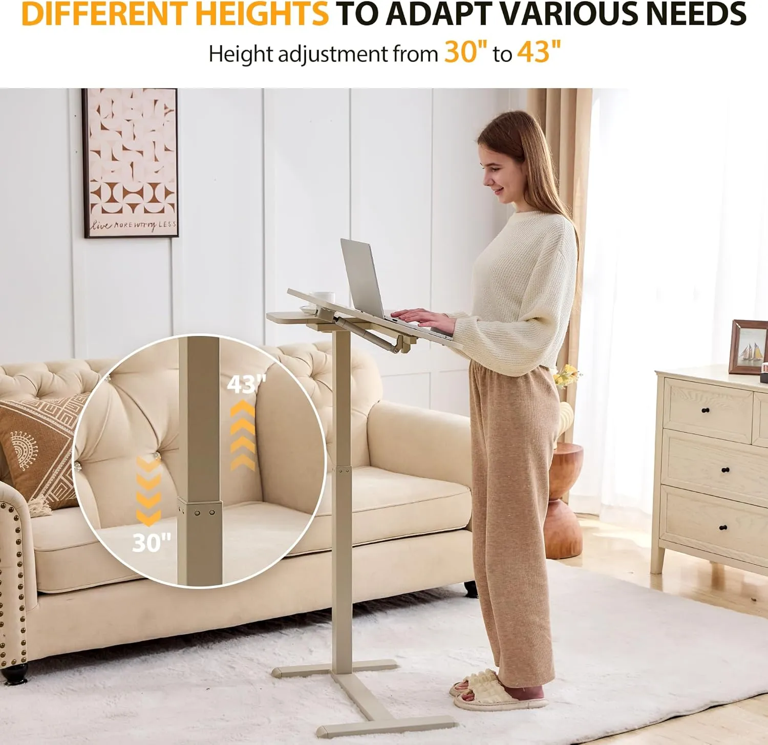 Height Adjustable Overbed Table with Tilting Top, Standing Desk Hospital Bed Table Bedside Sofa Side Table 16" D x 28" W, Right Hand Movable Overbed Table with Hidden Wheels, Greyish White