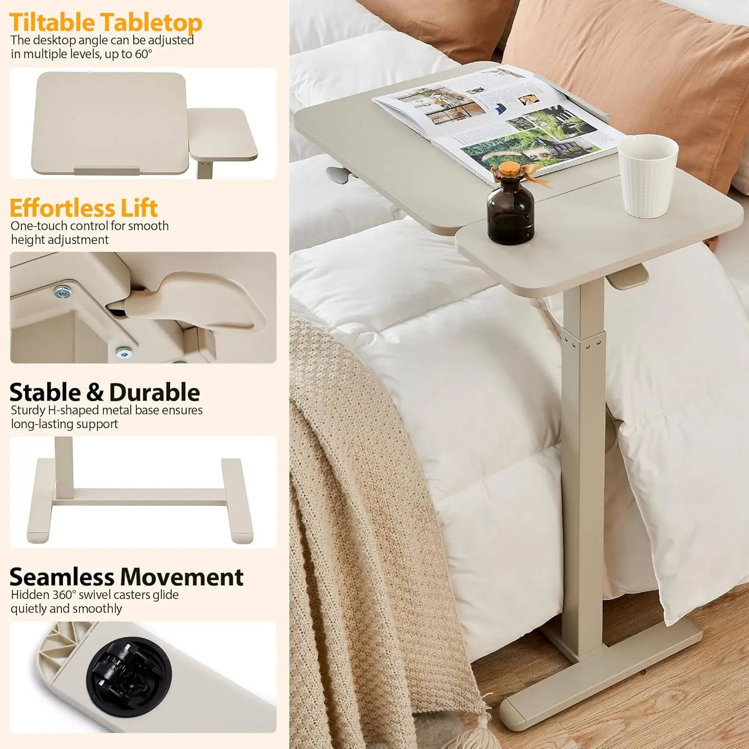 Height Adjustable Overbed Table with Tilting Top, Standing Desk Hospital Bed Table Bedside Sofa Side Table 16" D x 28" W, Right Hand Movable Overbed Table with Hidden Wheels, Greyish White