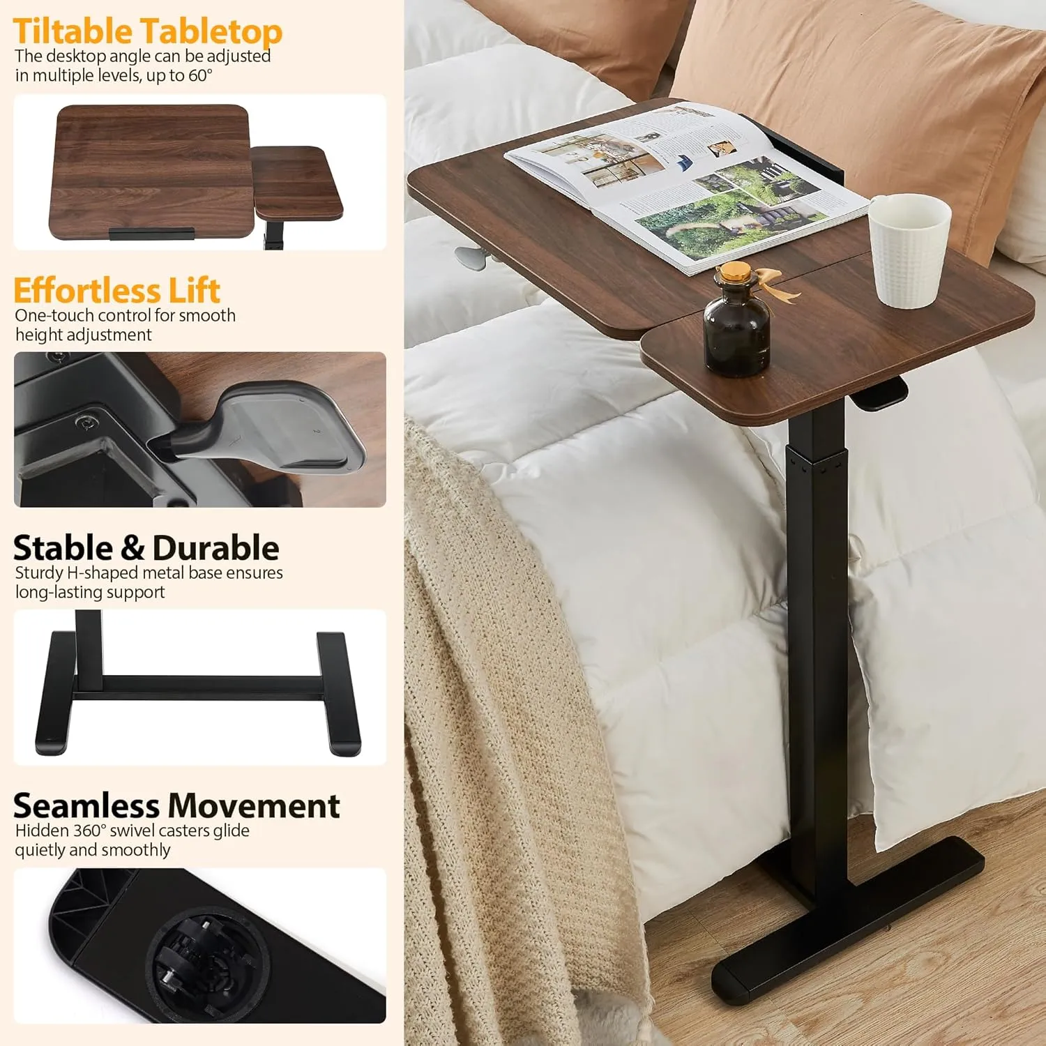 Height Adjustable Overbed Table with Tilting Top, Standing Desk Hospital Bed Table Bedside Sofa Side Table, 16" D x 28" W Right Hand Movable Overbed Table with Hidden Wheels, Walnut Brown