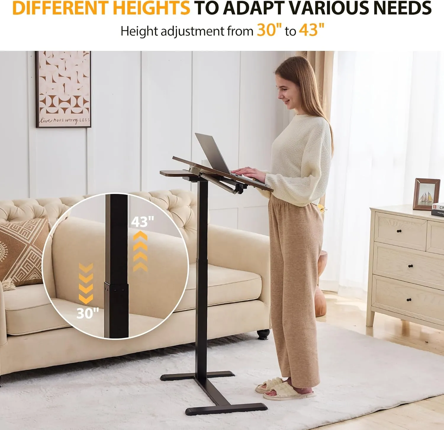 Height Adjustable Overbed Table with Tilting Top, Standing Desk Hospital Bed Table Bedside Sofa Side Table, 16" D x 28" W Right Hand Movable Overbed Table with Hidden Wheels, Walnut Brown
