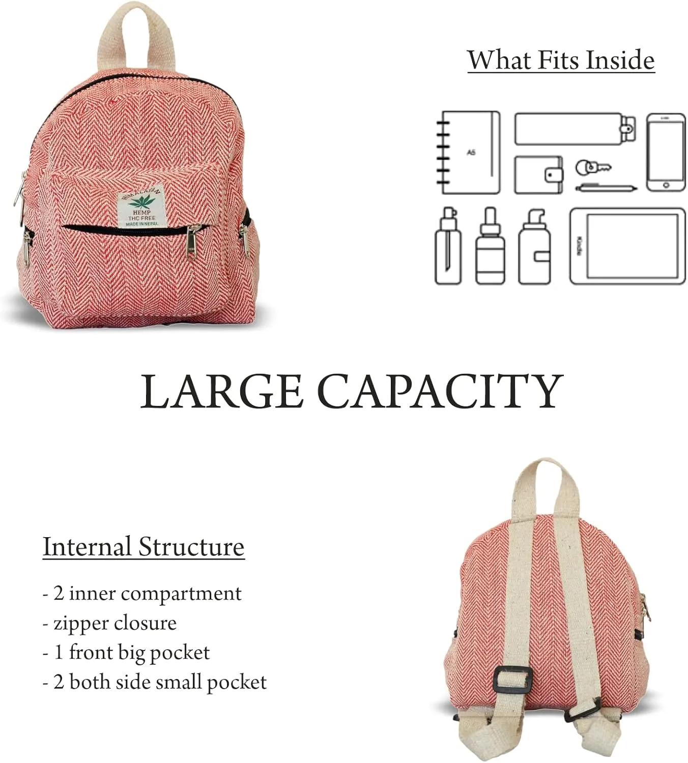 Hemp Mini Backpack for women Adjustable shoulder strap Mini Bag Washable Lightweight Casual Daypack (Pink)