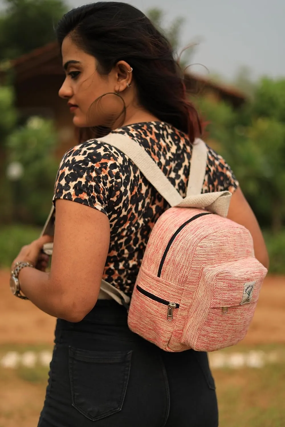 Hemp Mini Backpack for women Adjustable shoulder strap Mini Bag Washable Lightweight Casual Daypack (Pink)