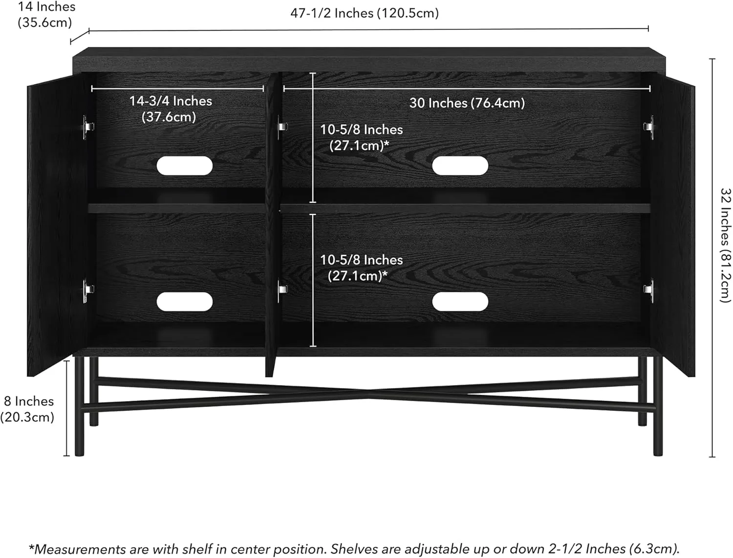 Henn&Hart 48" Wide Rectangular Buffet Table in Natural Black, for Home, Living Room, Bedroom, Entertainment Room, Office