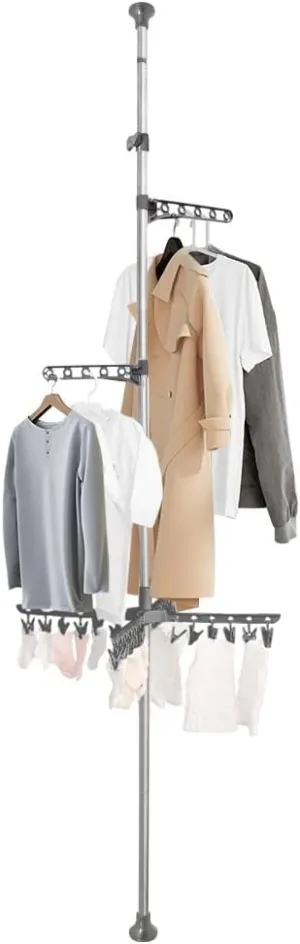 Hershii Expandable Clothes Drying Rack Laundry Pole Adjustable Vertical Garment Display Stand Coat Tree Hanger Airer Floor to Ceiling Tension Rod Storage Organizer - Grey