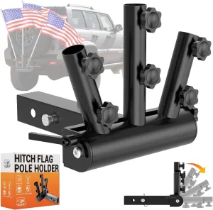 Hitch Flag Pole Holder, 90°Adjustable & Quick Detach, Triple Truck Flag Pole Mount for Jeep, Truck, Trailer, RV, Camper- Fit Standard 2" Hitch Receiver, Heavy Duty, Powder-Coated Finish