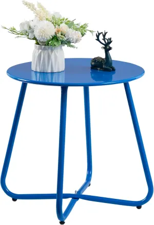 HollyHOME Round Metal Side Table, Rust-Resistant Patio Small Plant Stand, Outdoor 17.32'' Portable End Table for Balconies, Gardens, Living Rooms and Bedrooms, Deep SkyBlue