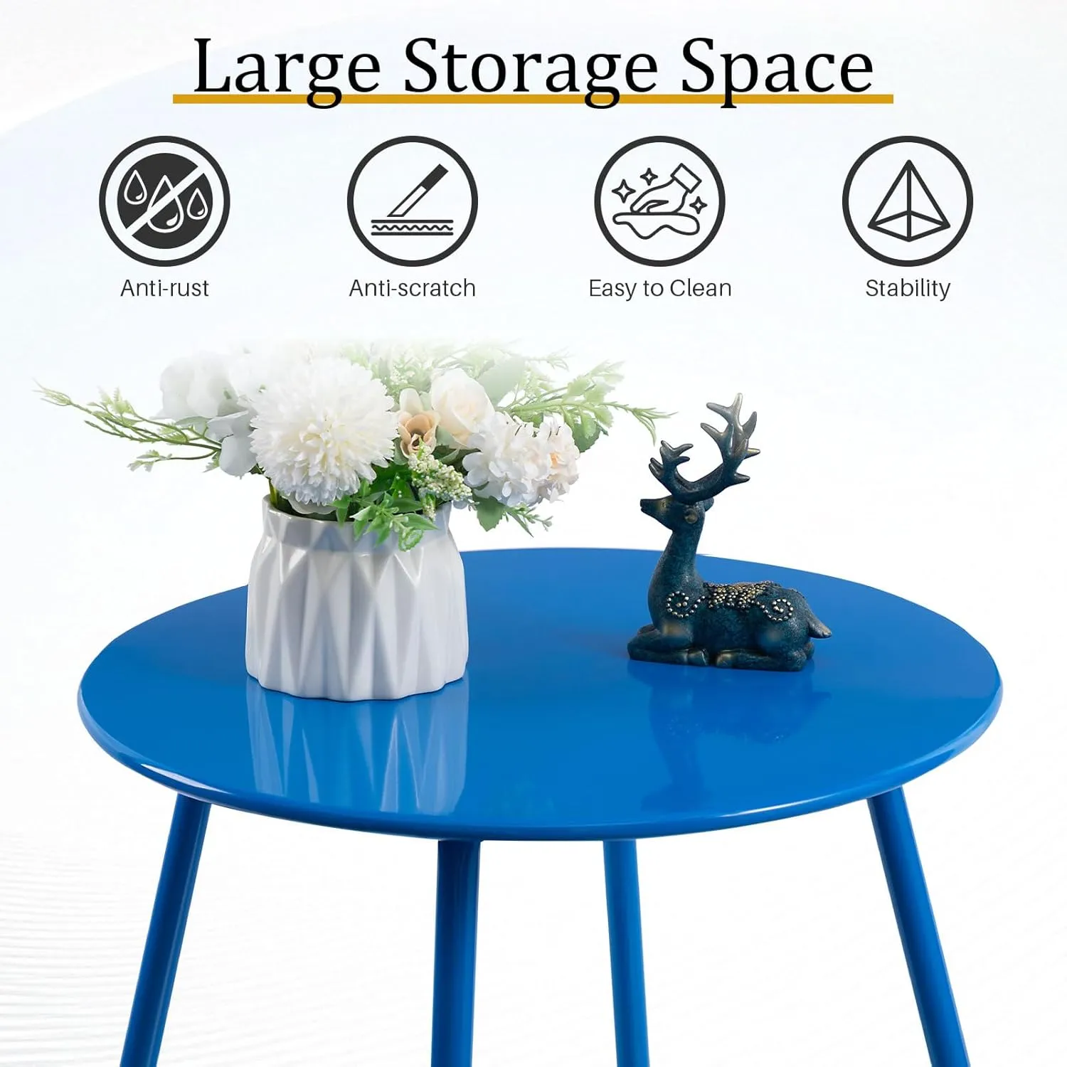 HollyHOME Round Metal Side Table, Rust-Resistant Patio Small Plant Stand, Outdoor 17.32'' Portable End Table for Balconies, Gardens, Living Rooms and Bedrooms, Deep SkyBlue