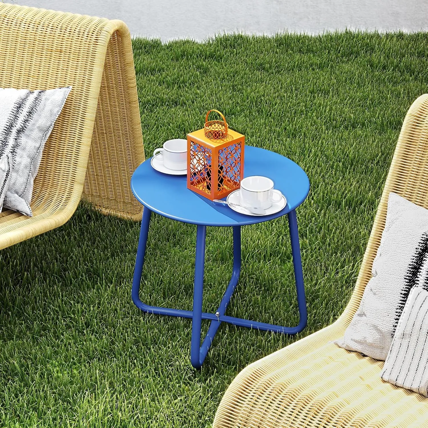 HollyHOME Round Metal Side Table, Rust-Resistant Patio Small Plant Stand, Outdoor 17.32'' Portable End Table for Balconies, Gardens, Living Rooms and Bedrooms, Deep SkyBlue
