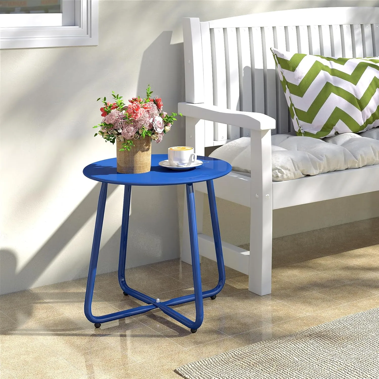 HollyHOME Round Metal Side Table, Rust-Resistant Patio Small Plant Stand, Outdoor 17.32'' Portable End Table for Balconies, Gardens, Living Rooms and Bedrooms, Deep SkyBlue