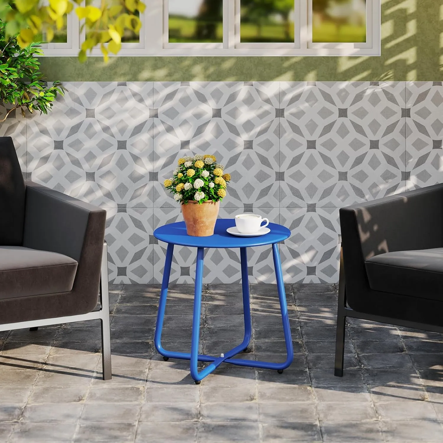 HollyHOME Round Metal Side Table, Rust-Resistant Patio Small Plant Stand, Outdoor 17.32'' Portable End Table for Balconies, Gardens, Living Rooms and Bedrooms, Deep SkyBlue