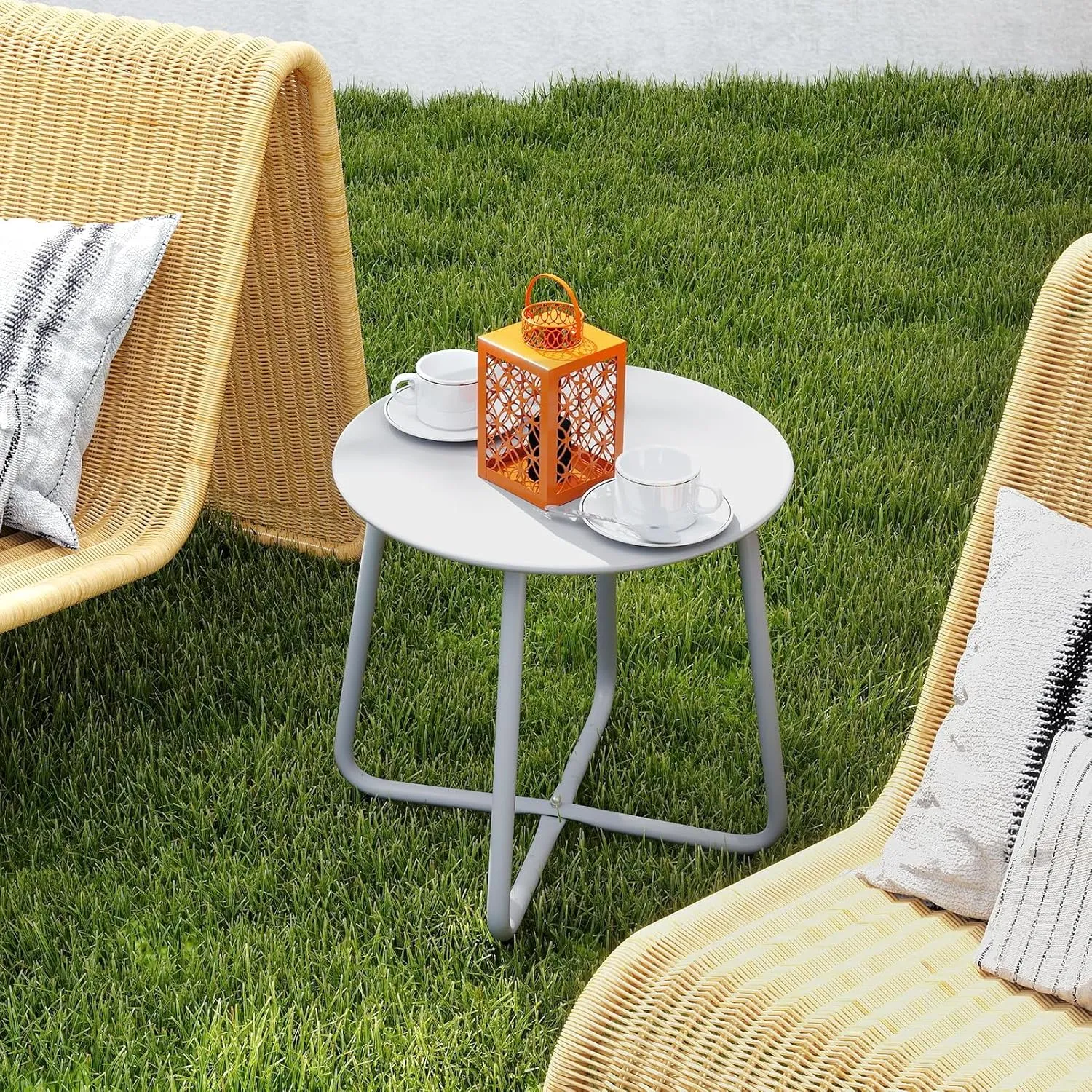 HollyHOME Round Metal Side Table, Rust-Resistant Patio Small Plant Stand, Outdoor 17.32'' Portable End Table for Balconies, Gardens, Living Rooms and Bedrooms, Grey