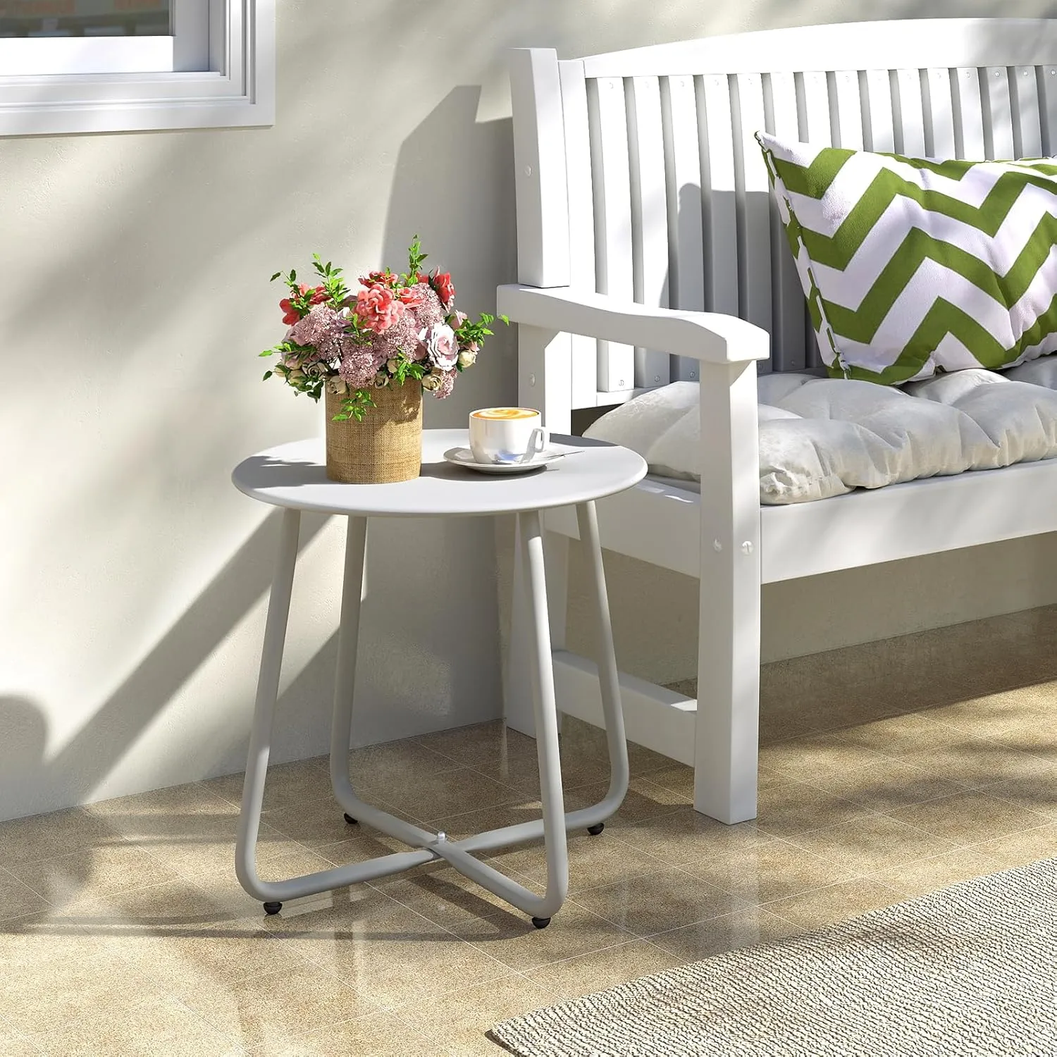 HollyHOME Round Metal Side Table, Rust-Resistant Patio Small Plant Stand, Outdoor 17.32'' Portable End Table for Balconies, Gardens, Living Rooms and Bedrooms, Grey