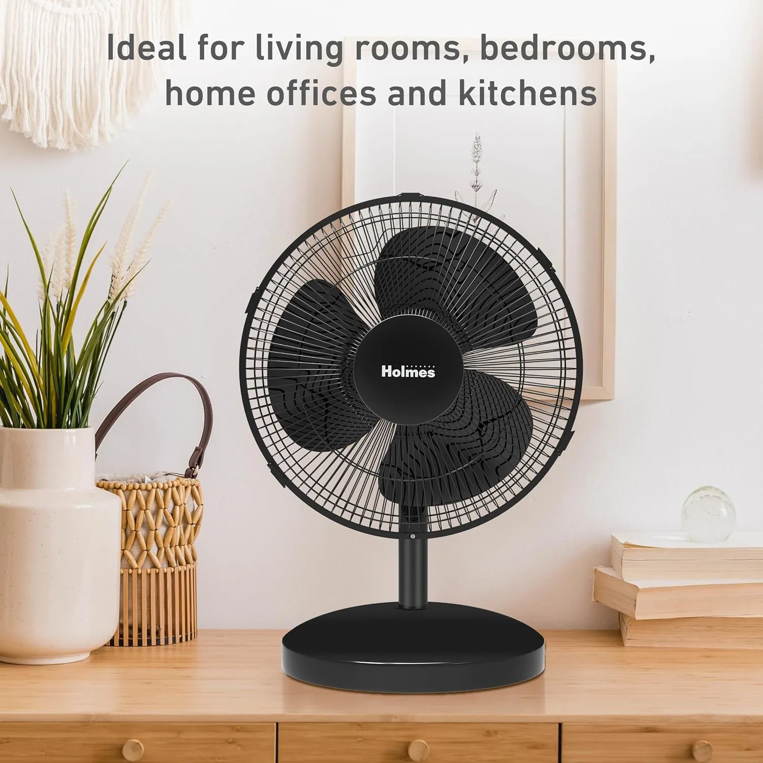 HOLMES 12" Table Fan, 75° Oscillation, 3 Speeds, 15° Adjustable Head Tilt, Ideal for Home, Bedroom or Office, Black