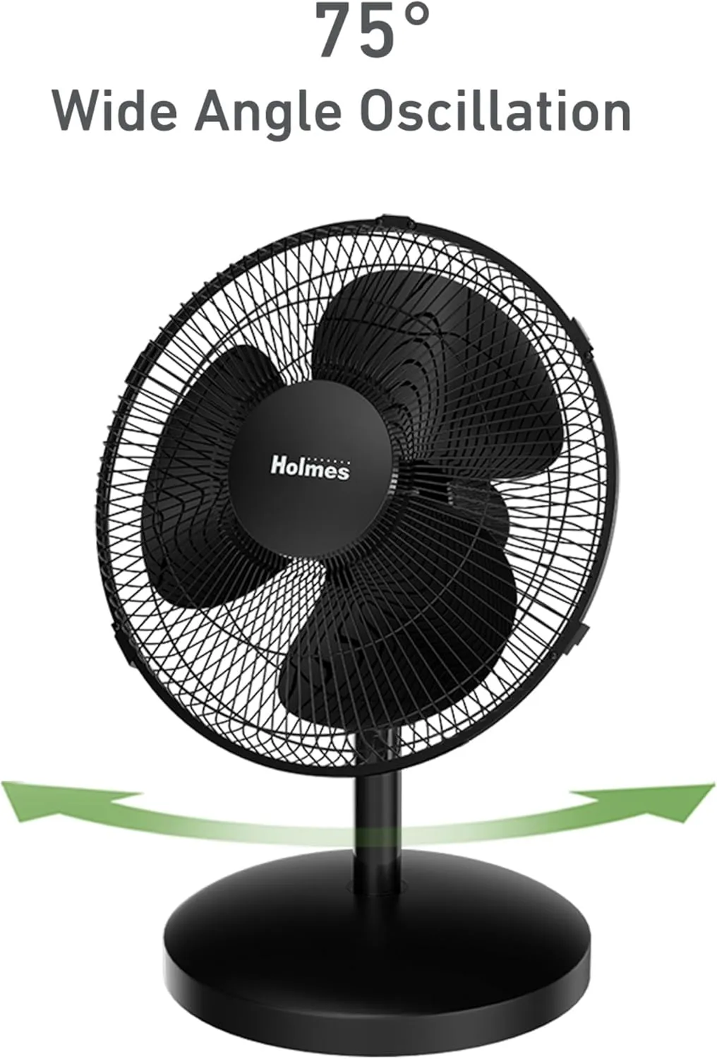 HOLMES 12" Table Fan, 75° Oscillation, 3 Speeds, 15° Adjustable Head Tilt, Ideal for Home, Bedroom or Office, Black