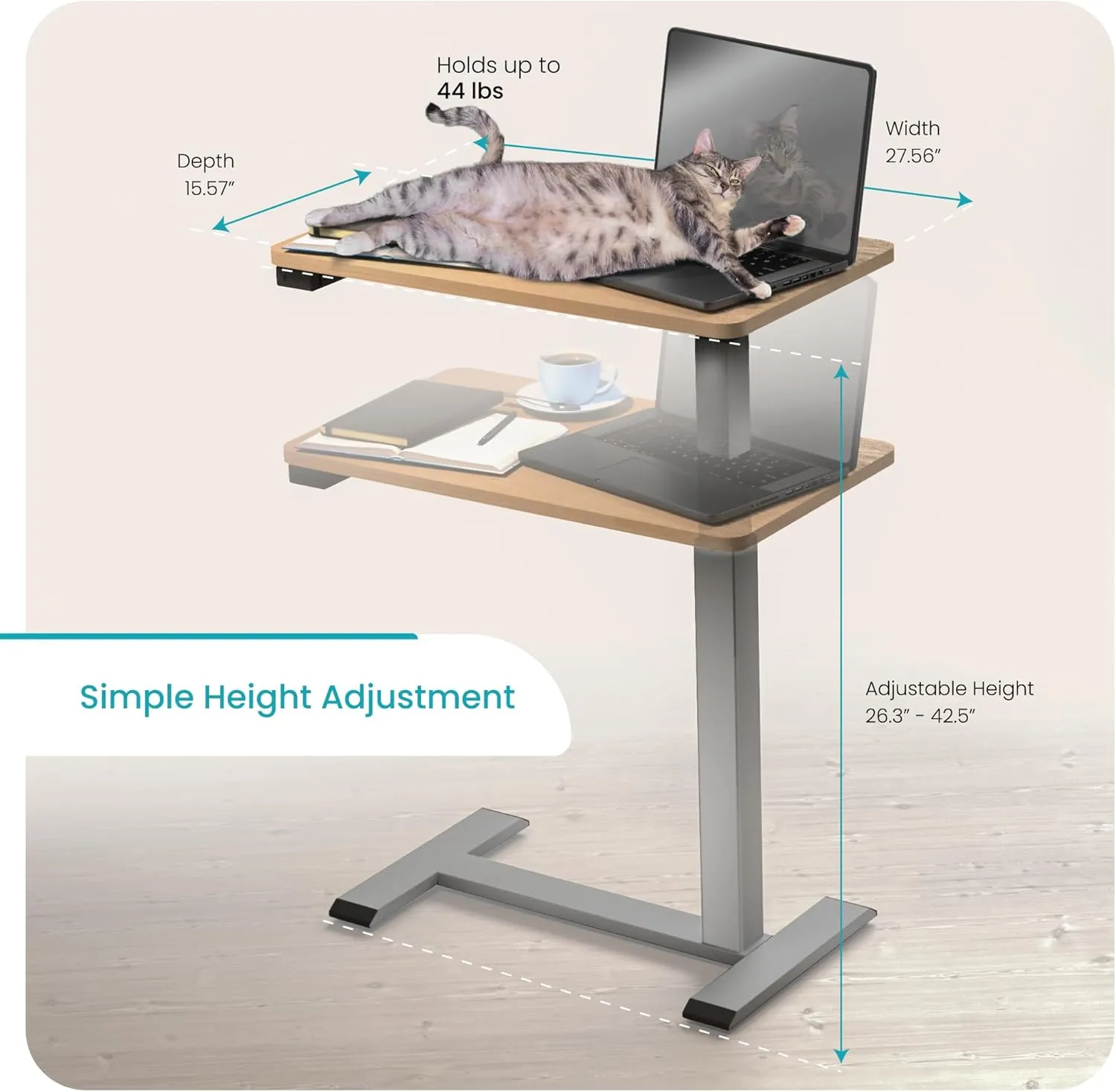 Home Zone Living Height Adjustable Electric Desk Powered by a USB-C Rechargeable Battery, Bedside Table with Adjustable Height from 26.3 Inches to 42.5 Inches