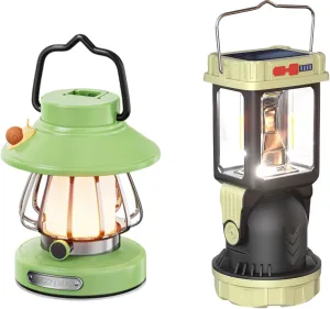 HOMY Camping Lanterns & Lights 2-Pack Bundle – Retro Snail LED   Solar Dual-Head Rechargeable Lanterns, Waterproof for Outdoor, Emergency, Kids (5 Modes, USB/Solar Charging)