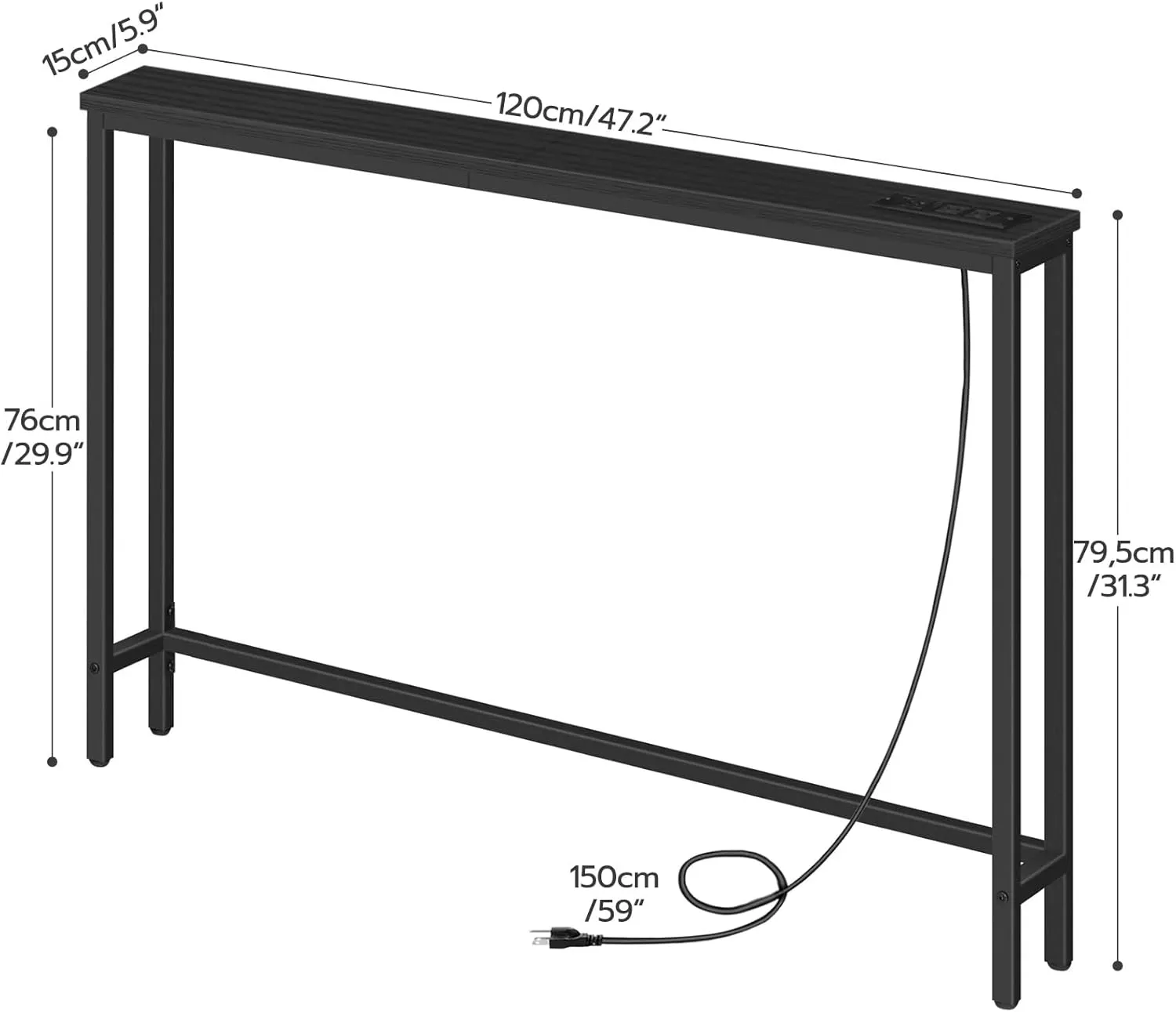 HOOBRO 47.2" Skinny Console Table with Power Outlets, 5.9" Behind Couch Table with Charging Station, Narrow Sofa Table, Long and Thin Table for Entryway, Living Room, Black BB15XG01G1