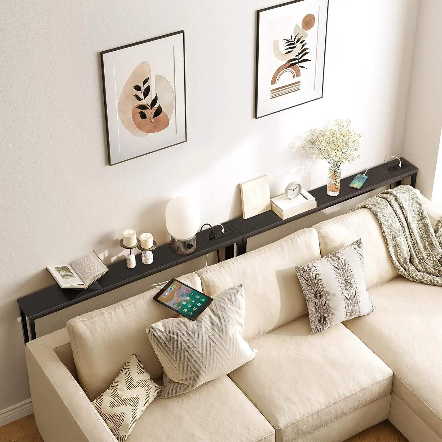 HOOBRO 47.2" Skinny Console Table with Power Outlets, 5.9" Behind Couch Table with Charging Station, Narrow Sofa Table, Long and Thin Table for Entryway, Living Room, Black BB15XG01G1