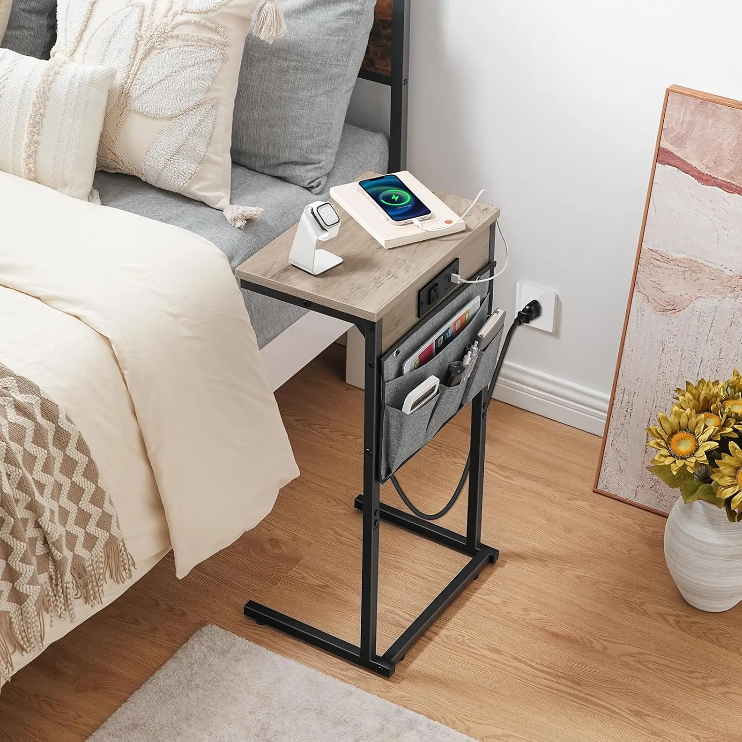 HOOBRO C Shaped End Table with Charging Station, 28" Tall Couch Table for Couch and Recliner for Small Spaces, Slide Under Sofa Table TV Tray with Storage Bag for Living Room, Greige BG70USF01