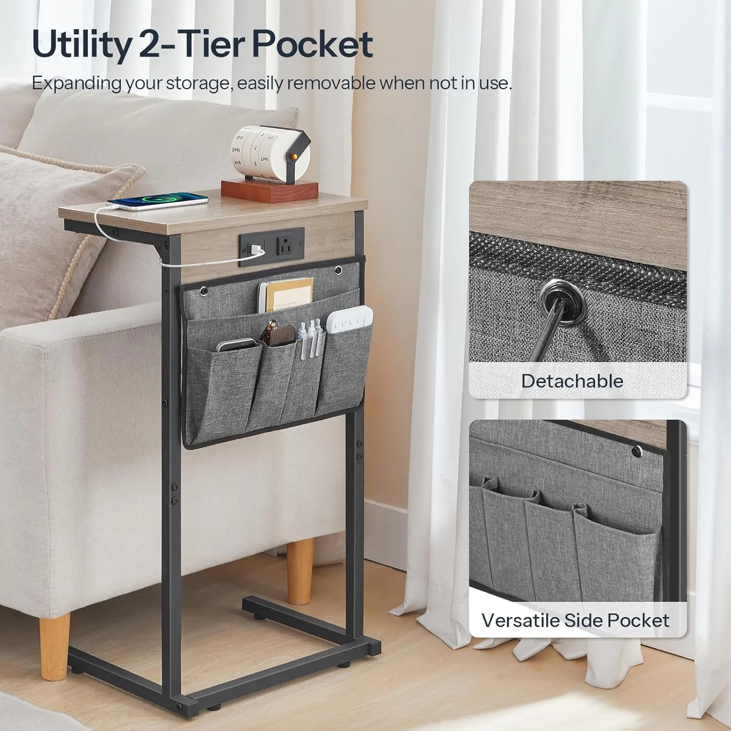 HOOBRO C Shaped End Table with Charging Station, 28" Tall Couch Table for Couch and Recliner for Small Spaces, Slide Under Sofa Table TV Tray with Storage Bag for Living Room, Greige BG70USF01