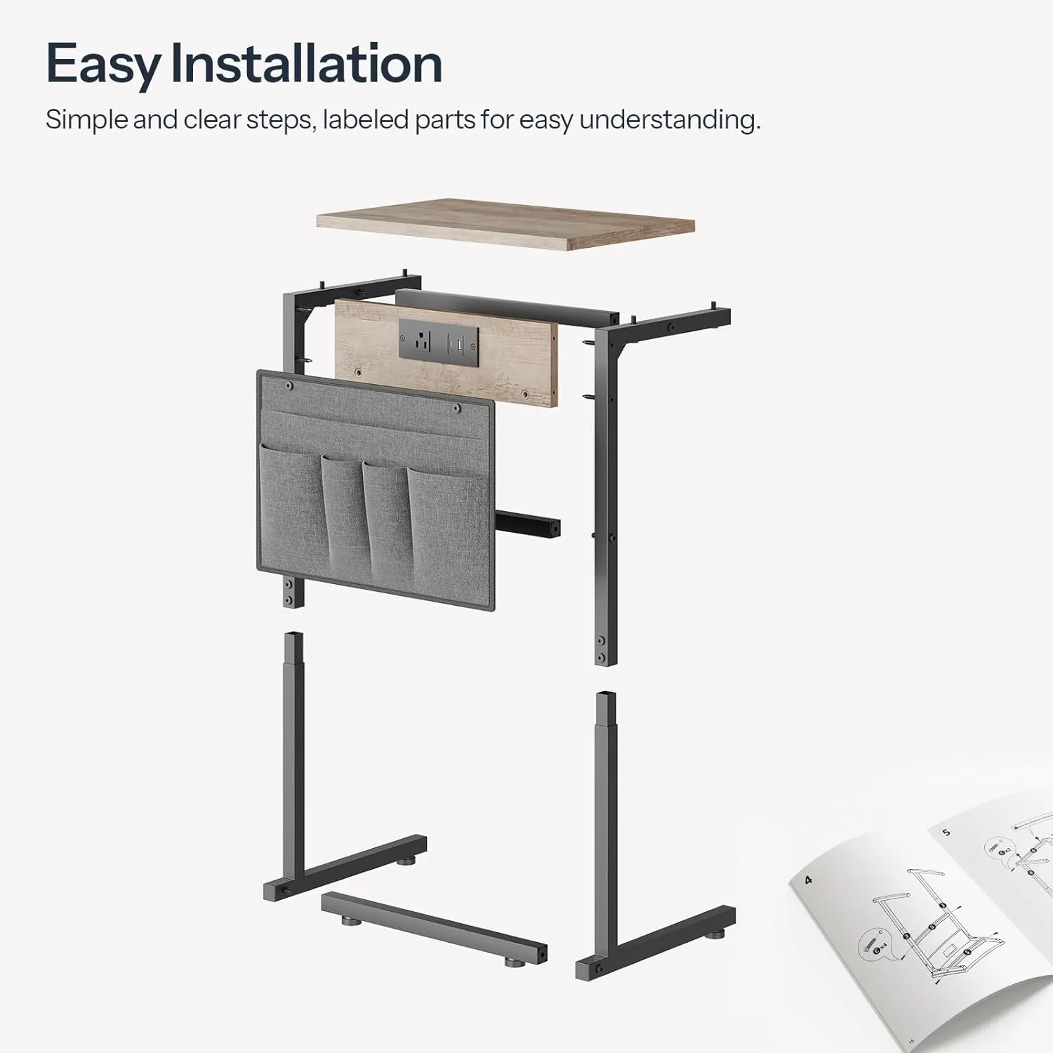 HOOBRO C Shaped End Table with Charging Station, 28" Tall Couch Table for Couch and Recliner for Small Spaces, Slide Under Sofa Table TV Tray with Storage Bag for Living Room, Greige BG70USF01