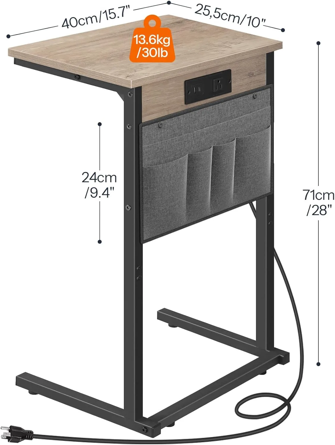 HOOBRO C Shaped End Table with Charging Station, 28" Tall Couch Table for Couch and Recliner for Small Spaces, Slide Under Sofa Table TV Tray with Storage Bag for Living Room, Greige BG70USF01