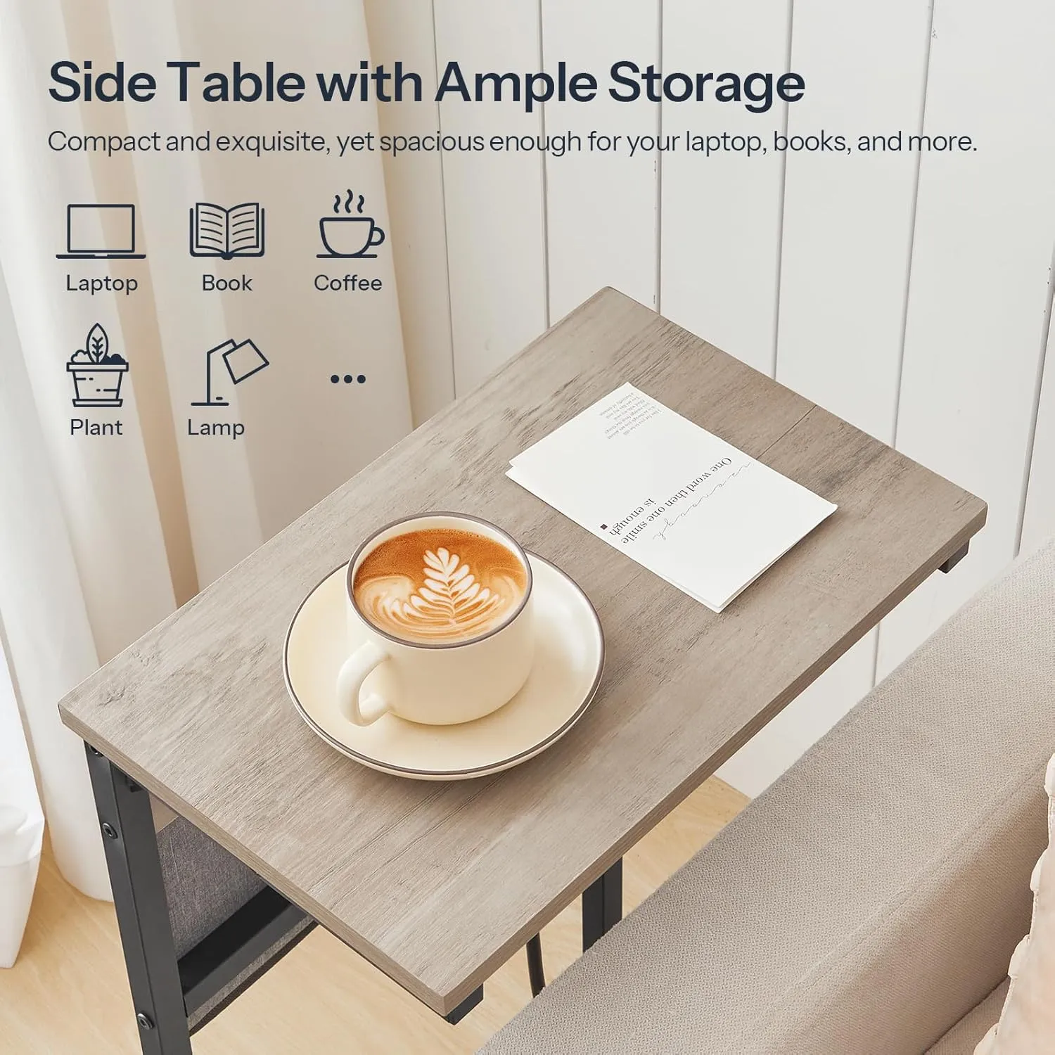 HOOBRO C Shaped End Table with Charging Station, 28" Tall Couch Table for Couch and Recliner for Small Spaces, Slide Under Sofa Table TV Tray with Storage Bag for Living Room, Greige BG70USF01