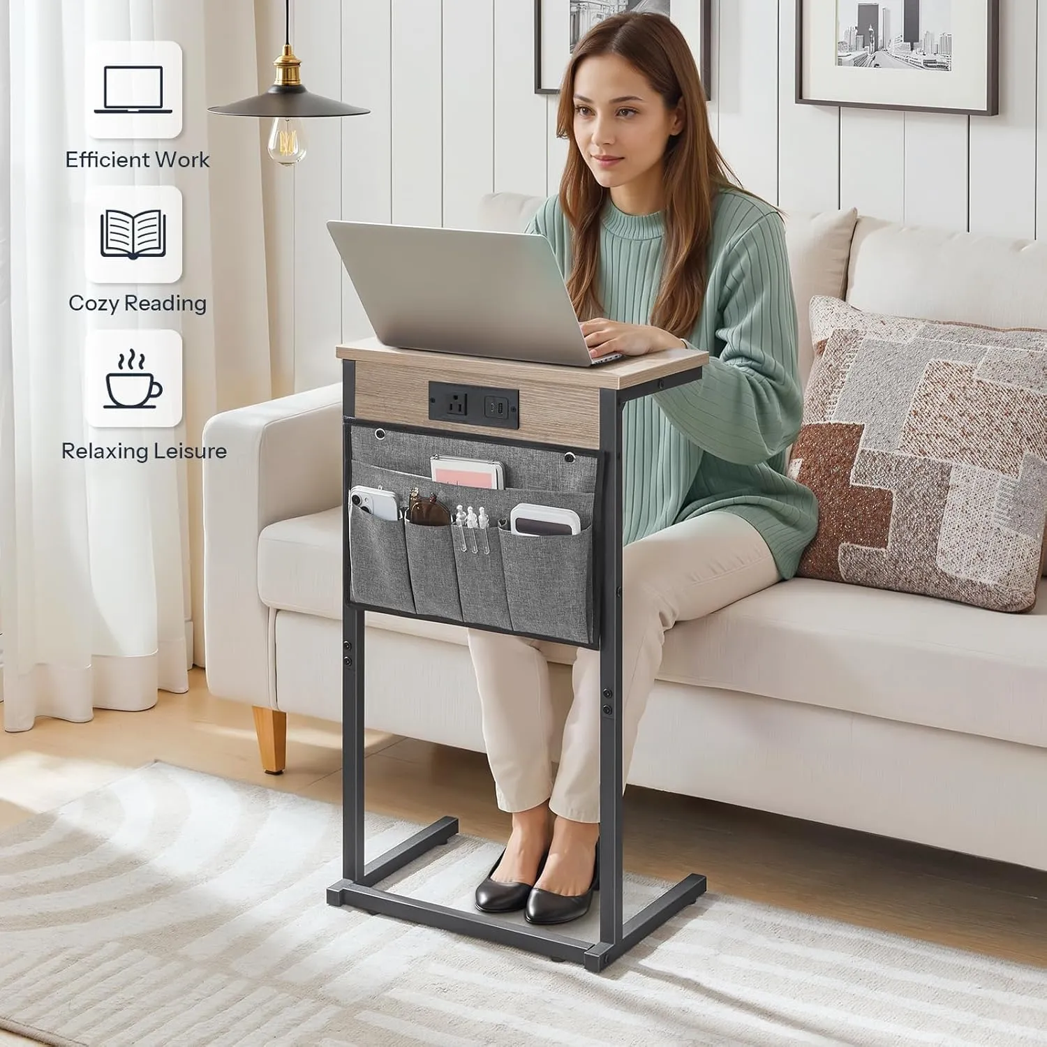 HOOBRO C Shaped End Table with Charging Station, 28" Tall Couch Table for Couch and Recliner for Small Spaces, Slide Under Sofa Table TV Tray with Storage Bag for Living Room, Greige BG70USF01