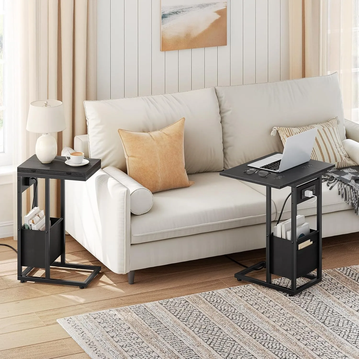HOOBRO C Shaped Side Table with Charging Station, Foldable End Table with Fabric Bag, Sofa Couch Tray Table for Small Space in Living Room, Bedroom, Black BB30USF01