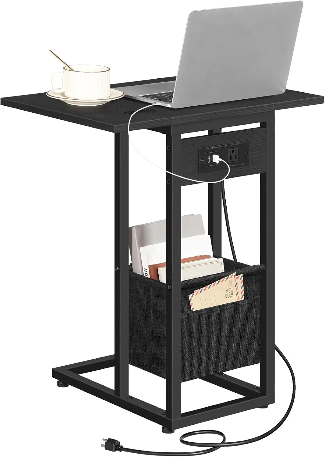 HOOBRO C Shaped Side Table with Charging Station, Foldable End Table with Fabric Bag, Sofa Couch Tray Table for Small Space in Living Room, Bedroom, Black BB30USF01