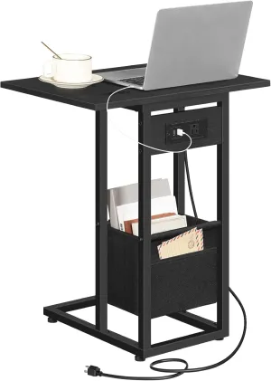 HOOBRO C Shaped Side Table with Charging Station, Foldable End Table with Fabric Bag, Sofa Couch Tray Table for Small Space in Living Room, Bedroom, Black BB30USF01