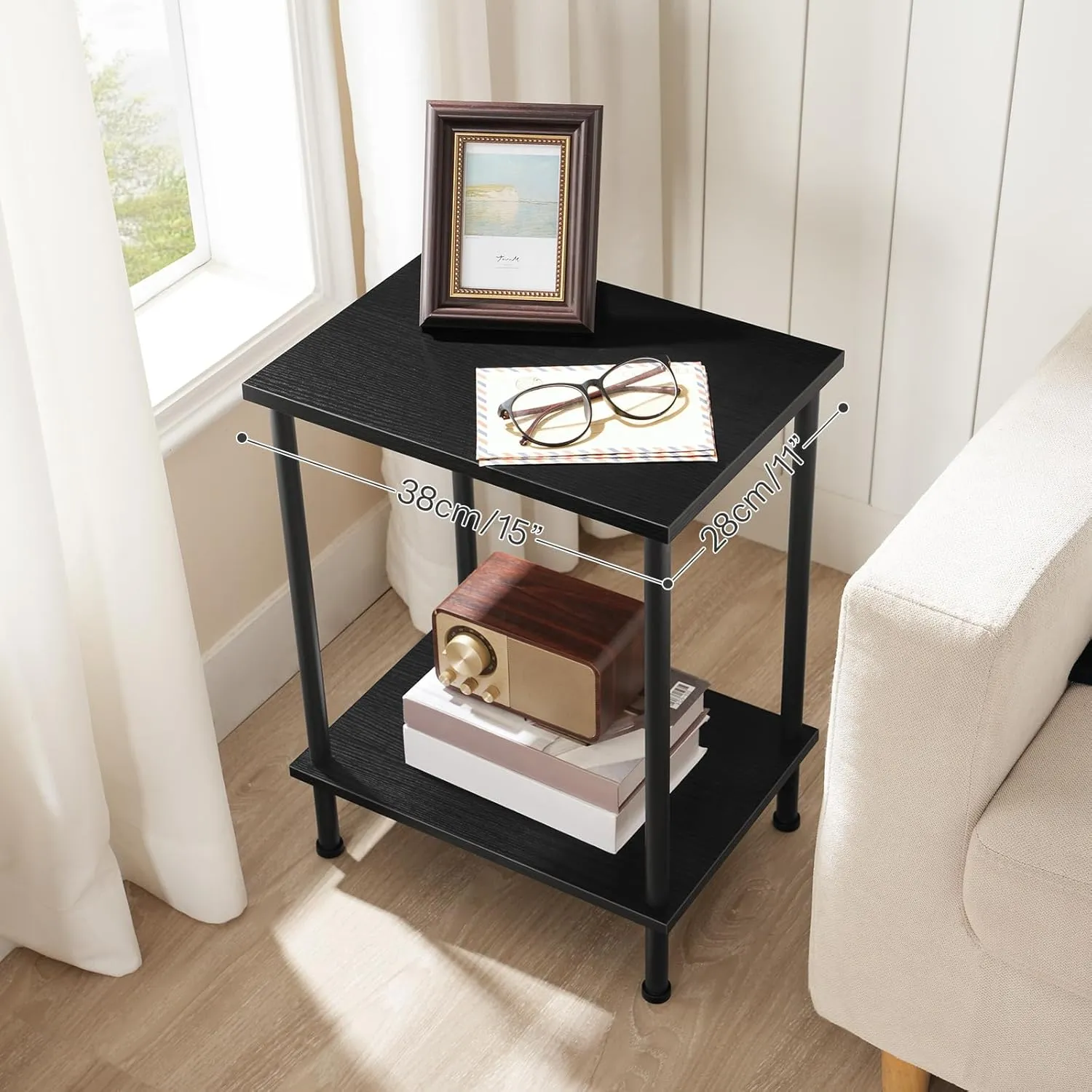 HOOBRO End Table, Small Side Table, Nightstand with 2-Layer Storage Shelves, Sofa Table for Small Spaces, Living Room, Bedroom, Stable Frame, Easy Assembly, Black BB09BZ01
