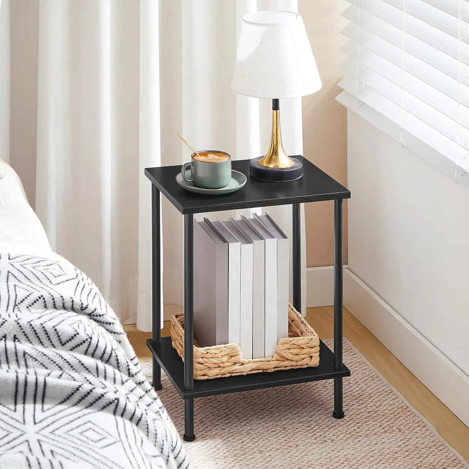 HOOBRO End Table, Small Side Table, Nightstand with 2-Layer Storage Shelves, Sofa Table for Small Spaces, Living Room, Bedroom, Stable Frame, Easy Assembly, Black BB09BZ01