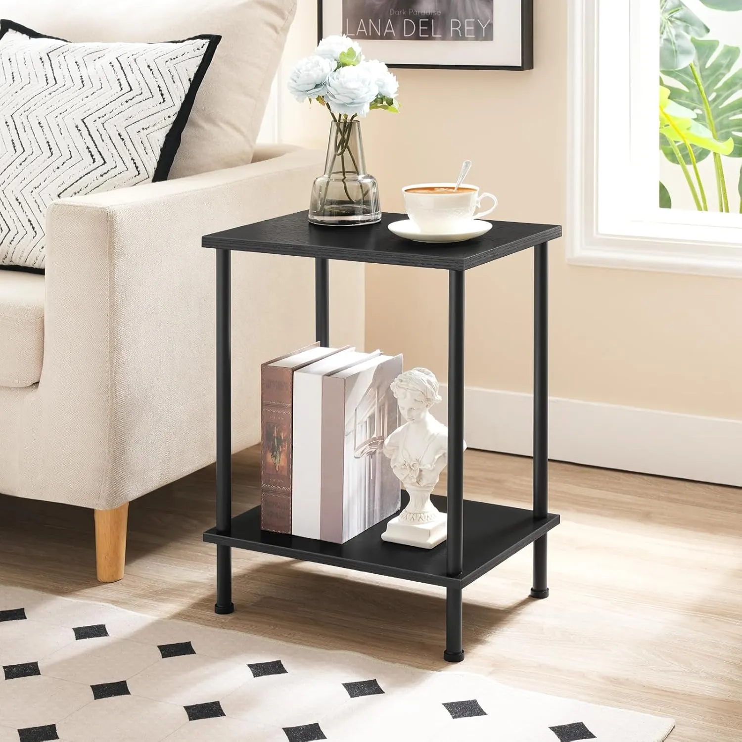 HOOBRO End Table, Small Side Table, Nightstand with 2-Layer Storage Shelves, Sofa Table for Small Spaces, Living Room, Bedroom, Stable Frame, Easy Assembly, Black BB09BZ01