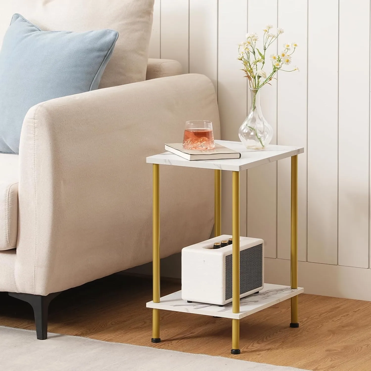 HOOBRO End Table, Small Side Table, Nightstand with 2-Layer Storage Shelves, Sofa Table for Small Spaces, Living Room, Bedroom, Stable Frame, Easy Assembly, Gold and Marble DM09BZ01