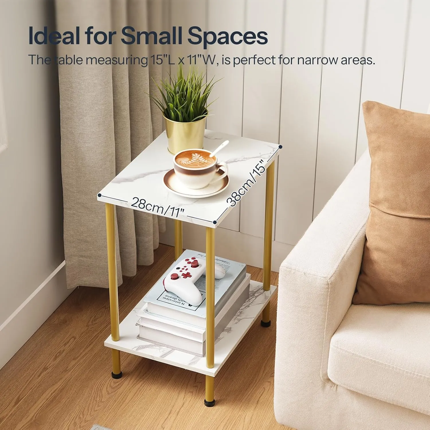 HOOBRO End Table, Small Side Table, Nightstand with 2-Layer Storage Shelves, Sofa Table for Small Spaces, Living Room, Bedroom, Stable Frame, Easy Assembly, Gold and Marble DM09BZ01