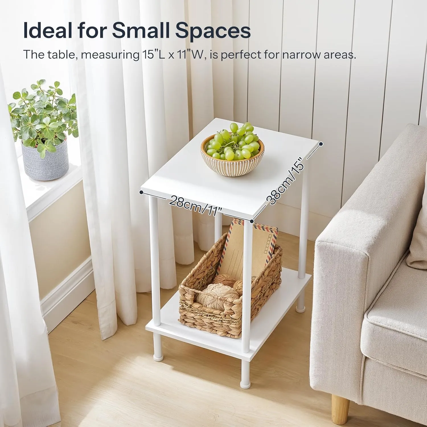 HOOBRO End Table, Small Side Table, Nightstand with 2-Layer Storage Shelves, Sofa Table for Small Spaces, Living Room, Bedroom, Stable Frame, Easy Assembly, White WW09BZ01