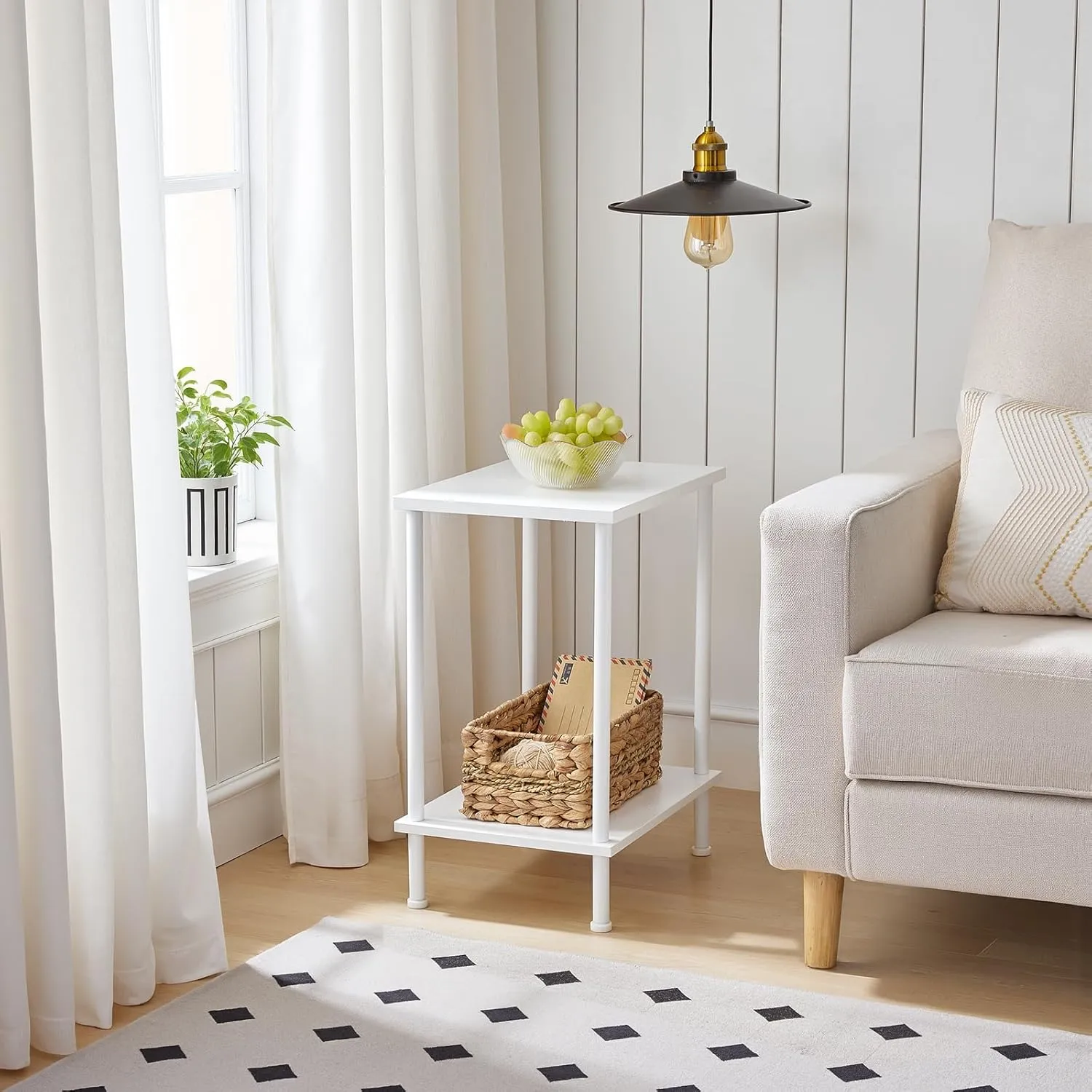 HOOBRO End Table, Small Side Table, Nightstand with 2-Layer Storage Shelves, Sofa Table for Small Spaces, Living Room, Bedroom, Stable Frame, Easy Assembly, White WW09BZ01