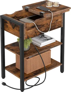 HOOBRO End Table with Charging Station, Narrow Side Table, Flip Top Nightstand with USB Ports and Outlets, Bedside Tables with Shelf for Small Spaces, Living Room, Rustic Brown BF341BZ01