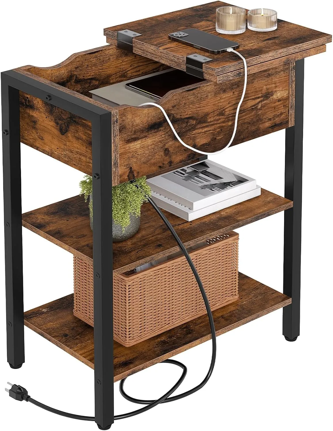 HOOBRO End Table with Charging Station, Narrow Side Table, Flip Top Nightstand with USB Ports and Outlets, Bedside Tables with Shelf for Small Spaces, Living Room, Rustic Brown BF341BZ01