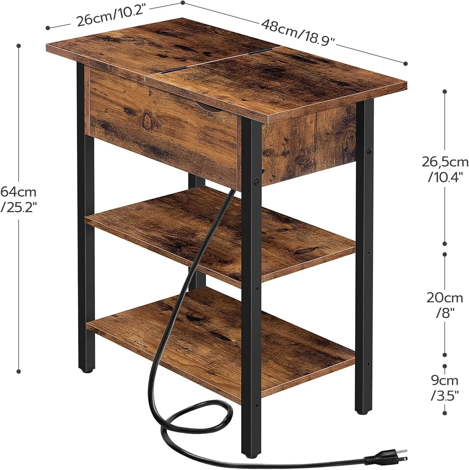 HOOBRO End Table with Charging Station, Narrow Side Table, Flip Top Nightstand with USB Ports and Outlets, Bedside Tables with Shelf for Small Spaces, Living Room, Rustic Brown BF341BZ01