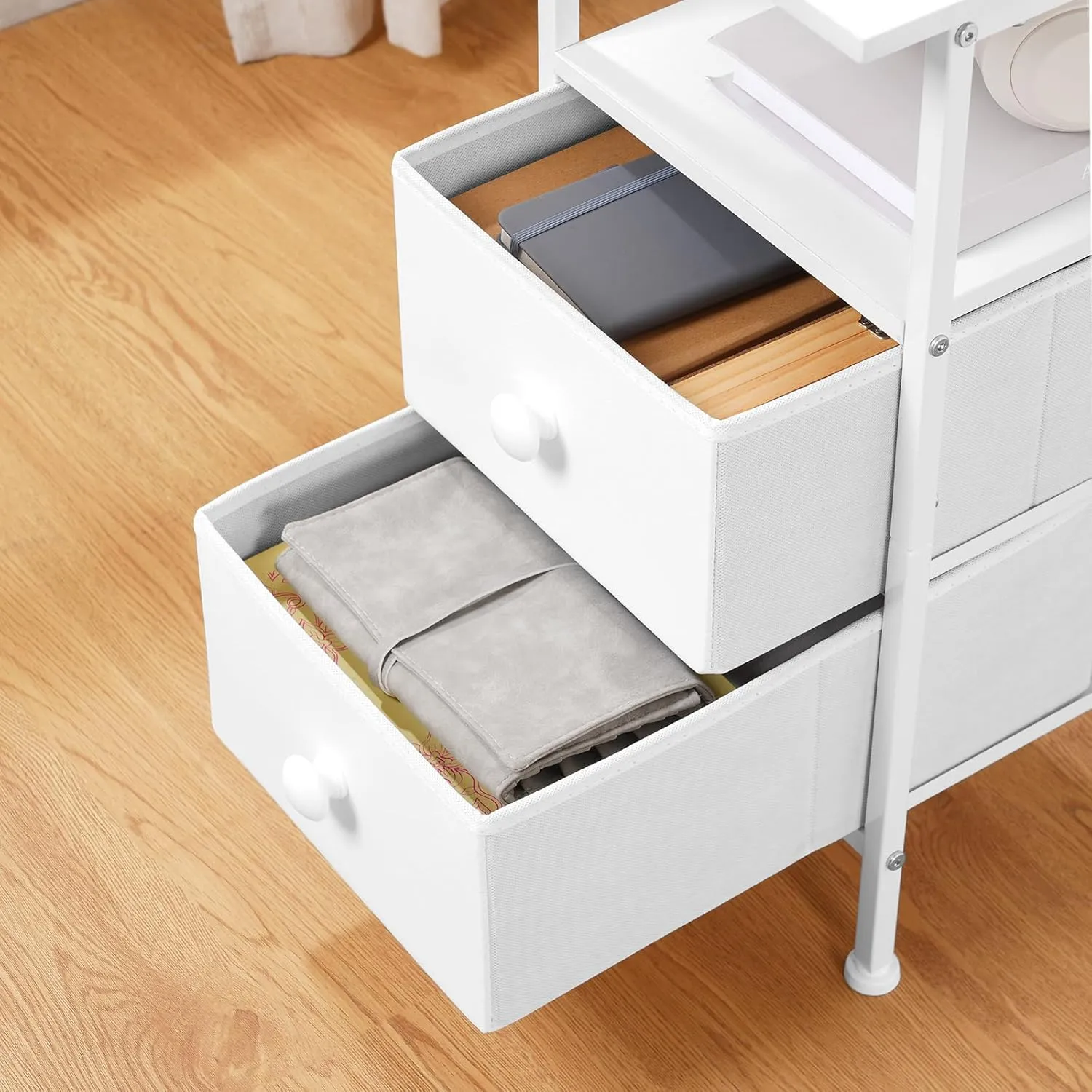 HOOBRO End Table with Charging Station, Narrow Side Table, Nightstand with 2 Non-Woven Drawers, Slim Sofa Side Table, for Small Spaces, Living Room, Bedroom, White WT486UBZ01