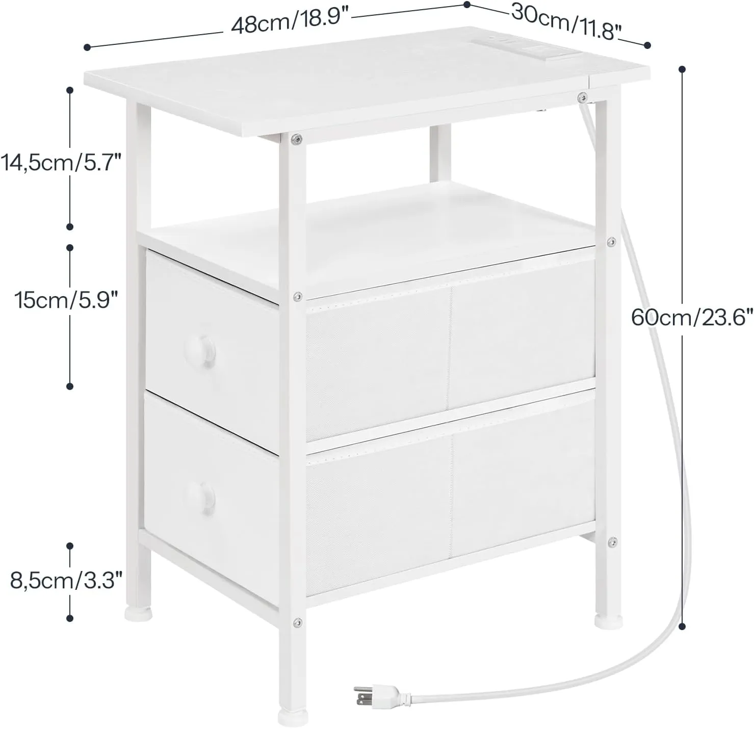 HOOBRO End Table with Charging Station, Narrow Side Table, Nightstand with 2 Non-Woven Drawers, Slim Sofa Side Table, for Small Spaces, Living Room, Bedroom, White WT486UBZ01