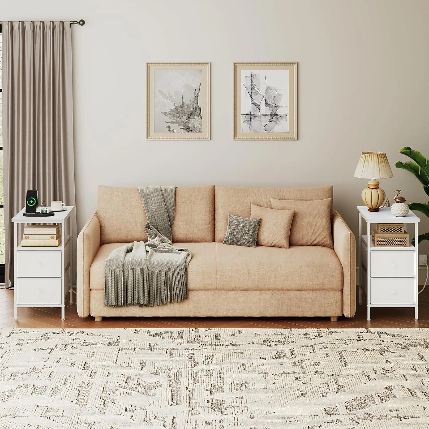 HOOBRO End Table with Charging Station, Narrow Side Table, Nightstand with 2 Non-Woven Drawers, Slim Sofa Side Table, for Small Spaces, Living Room, Bedroom, White WT486UBZ01