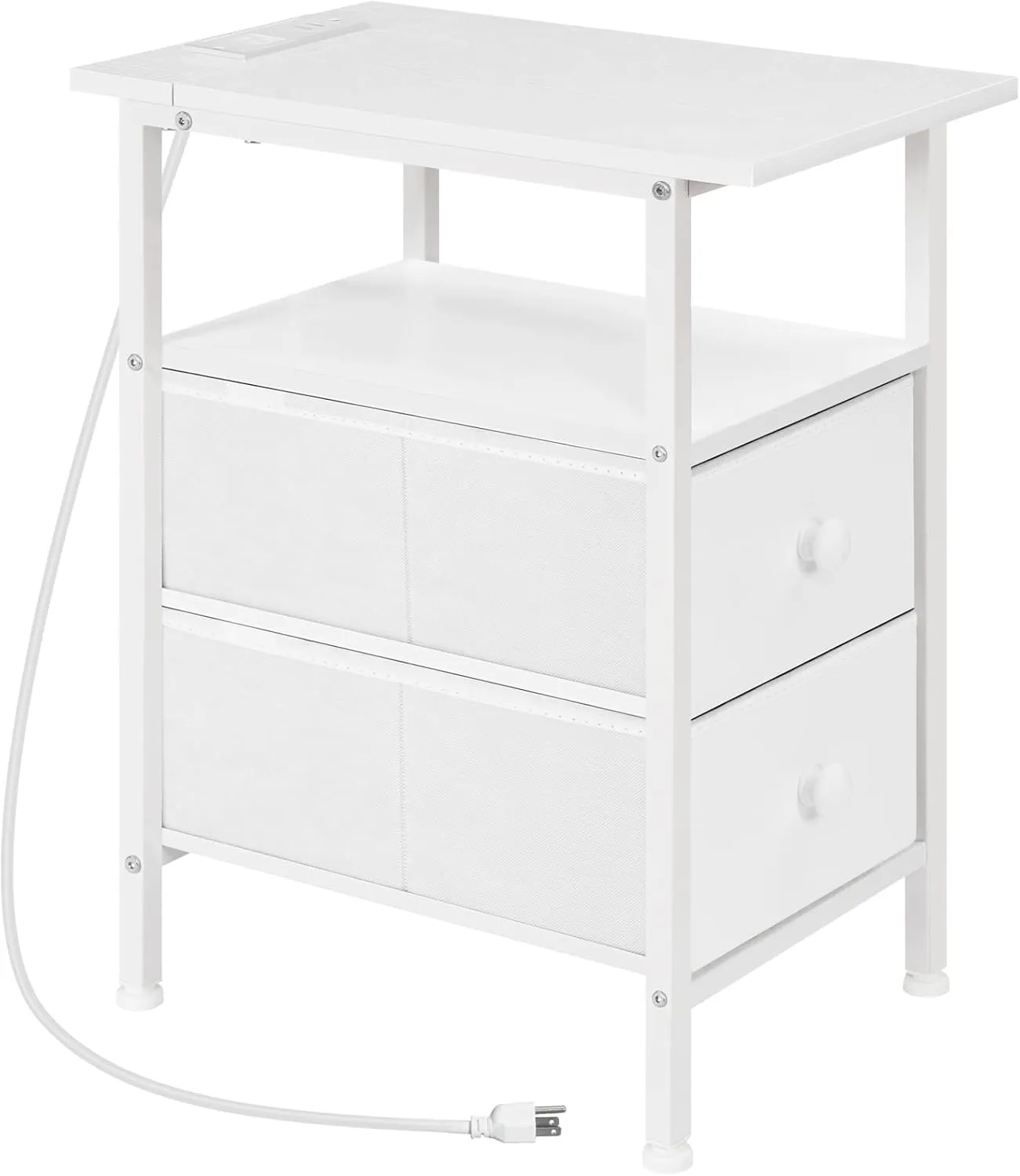 HOOBRO End Table with Charging Station, Narrow Side Table, Nightstand with 2 Non-Woven Drawers, Slim Sofa Side Table, for Small Spaces, Living Room, Bedroom, White WT486UBZ01