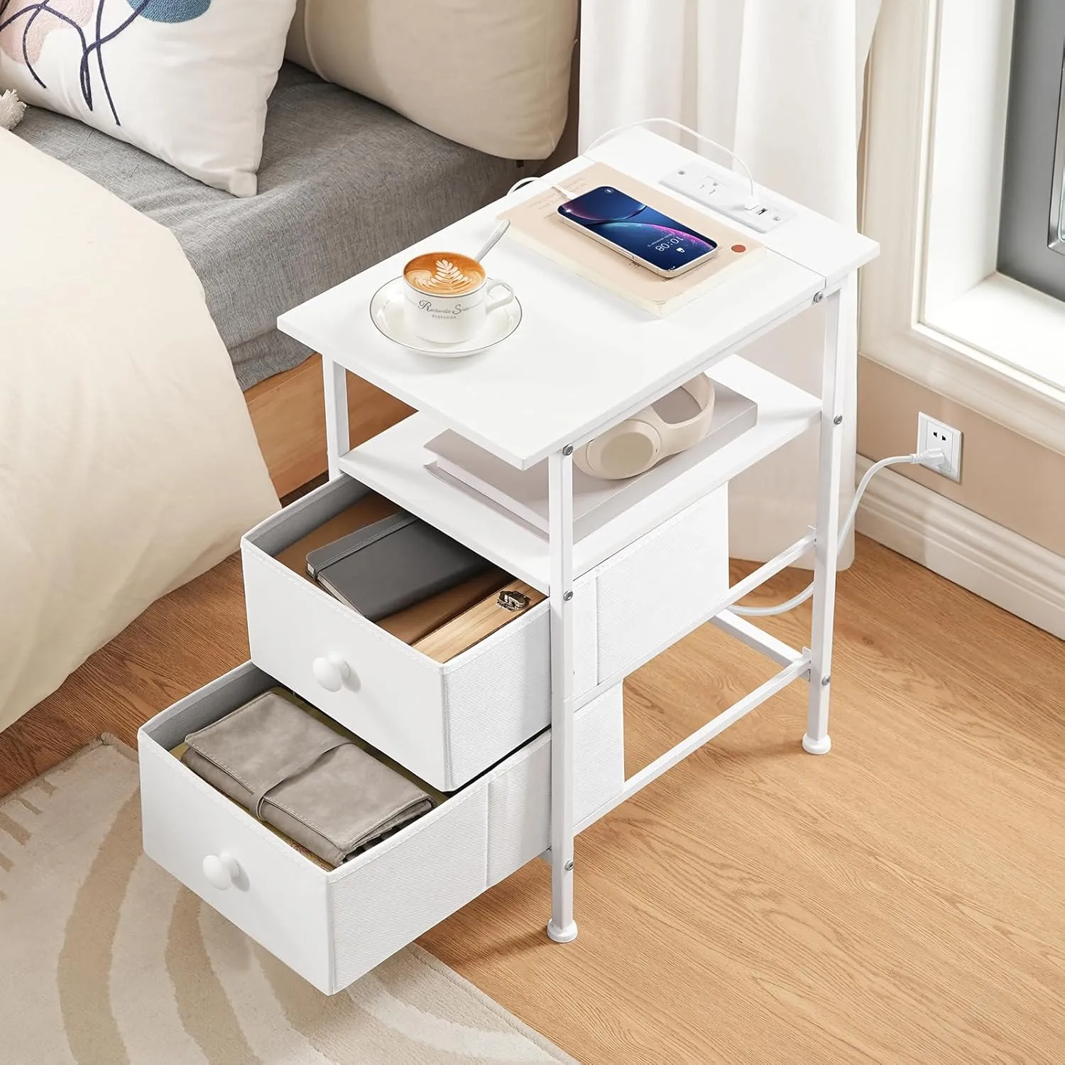 HOOBRO End Table with Charging Station, Narrow Side Table, Nightstand with 2 Non-Woven Drawers, Slim Sofa Side Table, for Small Spaces, Living Room, Bedroom, White WT486UBZ01