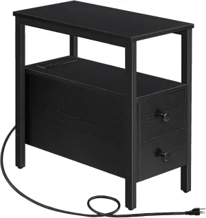 HOOBRO End Table with Charging Station, Narrow Side Table with 2 Drawer & USB Ports & Power Outlets, Nightstand for Small Spaces, Stable and Sturdy, for Living Room, Bedroom, Black BK541BZ01
