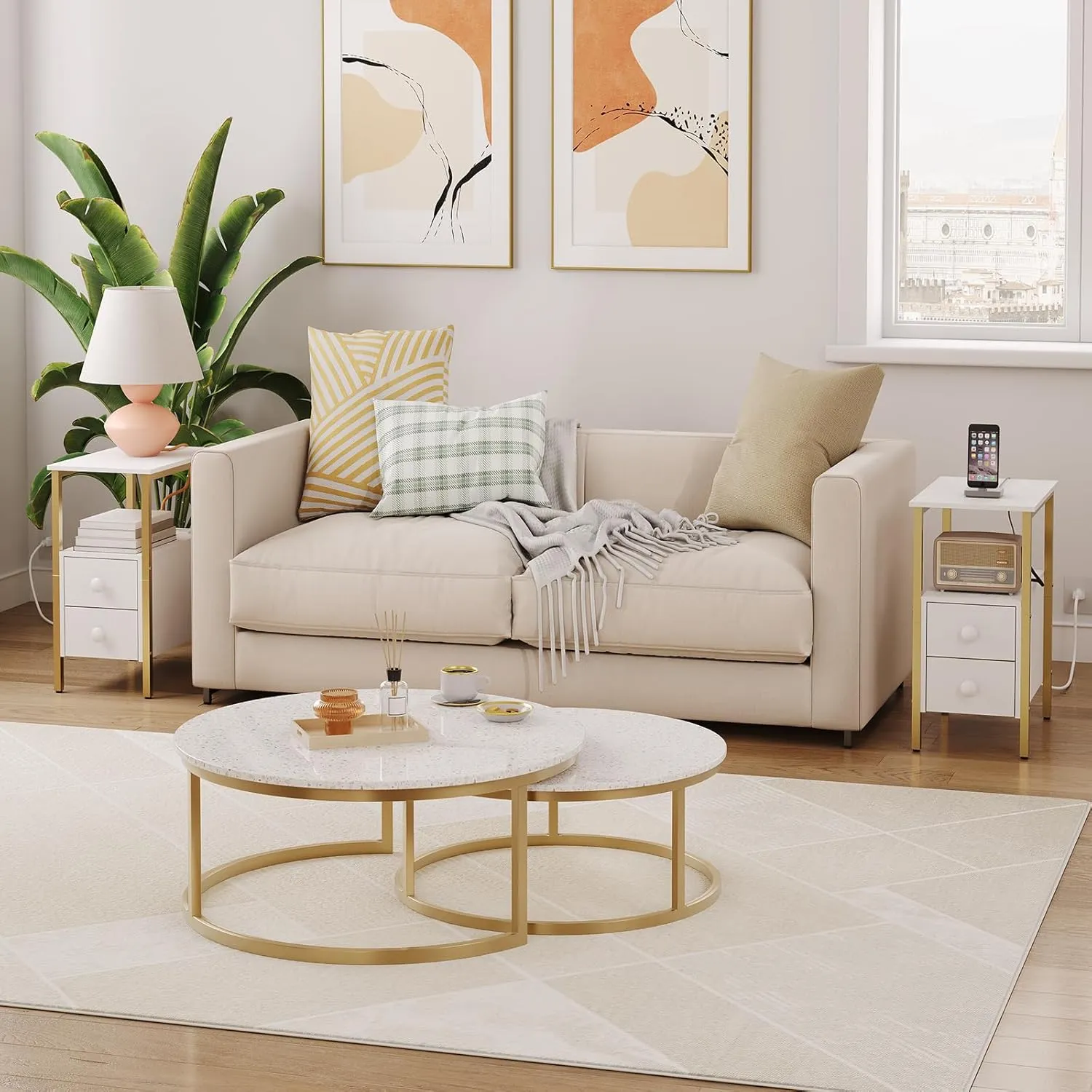 HOOBRO End Table with Charging Station, Narrow Side Table with 2 Drawer & USB Ports & Power Outlets, Nightstand for Small Spaces, Stable and Sturdy, for Living Room, Bedroom, Gold and White DW541BZ01