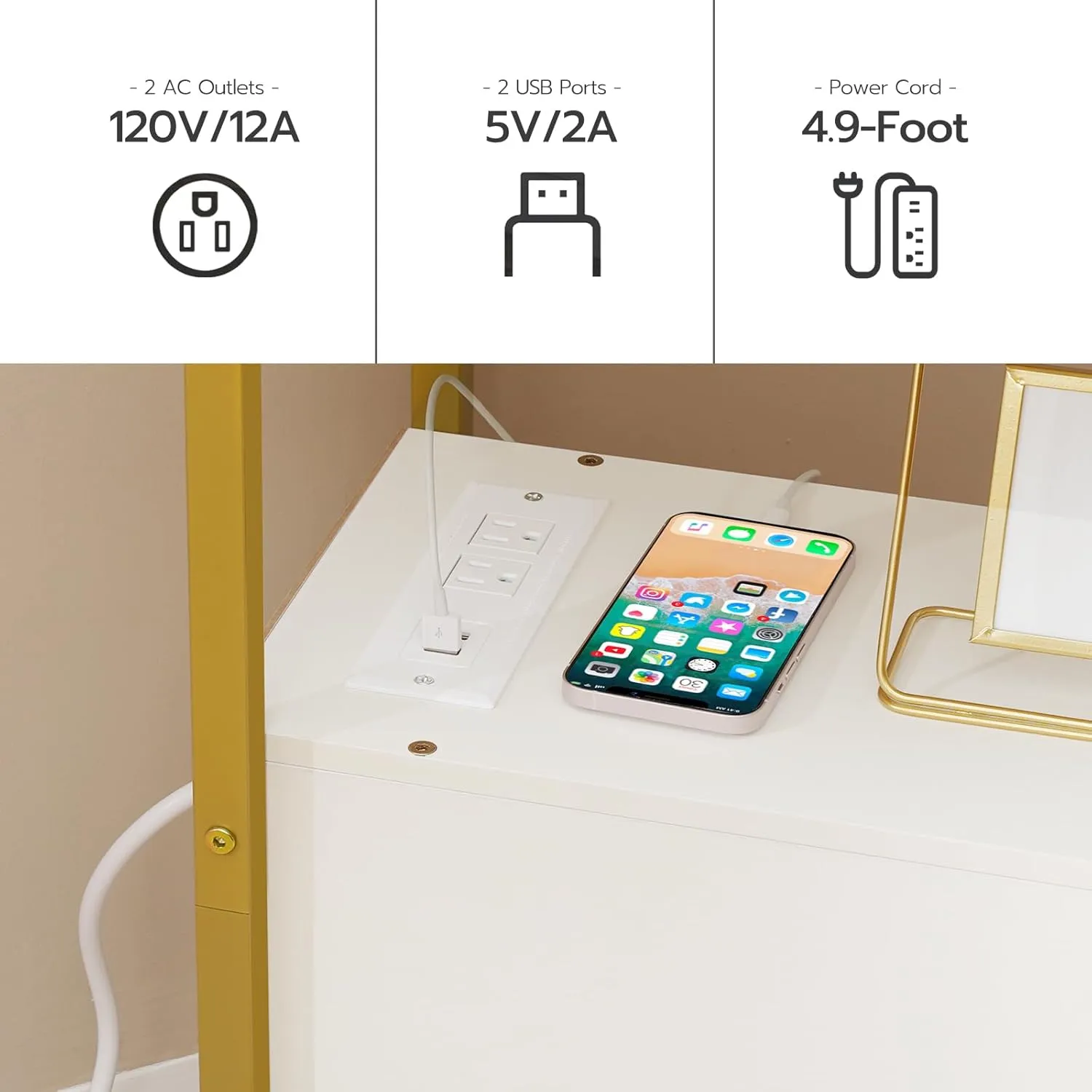 HOOBRO End Table with Charging Station, Narrow Side Table with 2 Drawer & USB Ports & Power Outlets, Nightstand for Small Spaces, Stable and Sturdy, for Living Room, Bedroom, Gold and White DW541BZ01