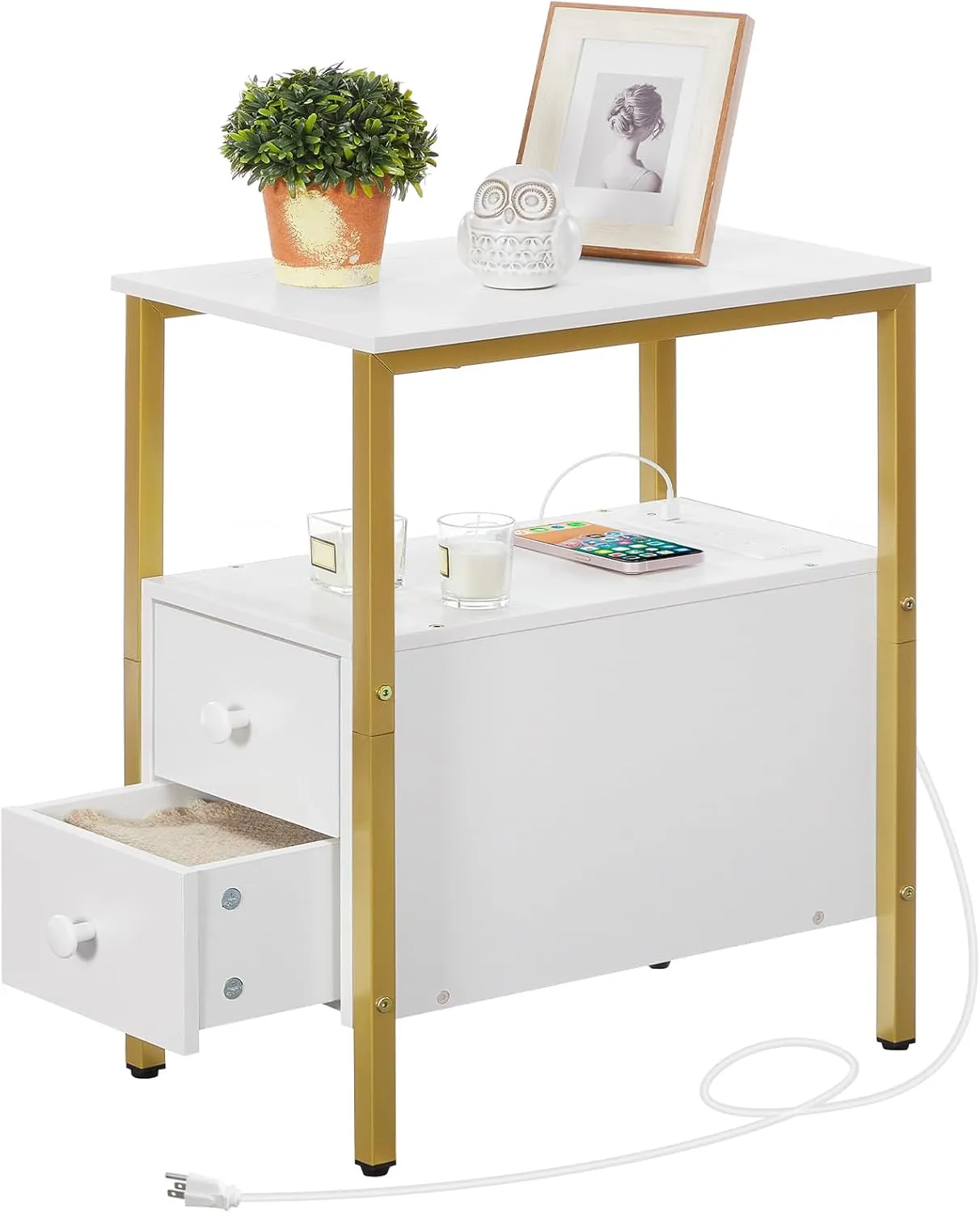 HOOBRO End Table with Charging Station, Narrow Side Table with 2 Drawer & USB Ports & Power Outlets, Nightstand for Small Spaces, Stable and Sturdy, for Living Room, Bedroom, Gold and White DW541BZ01